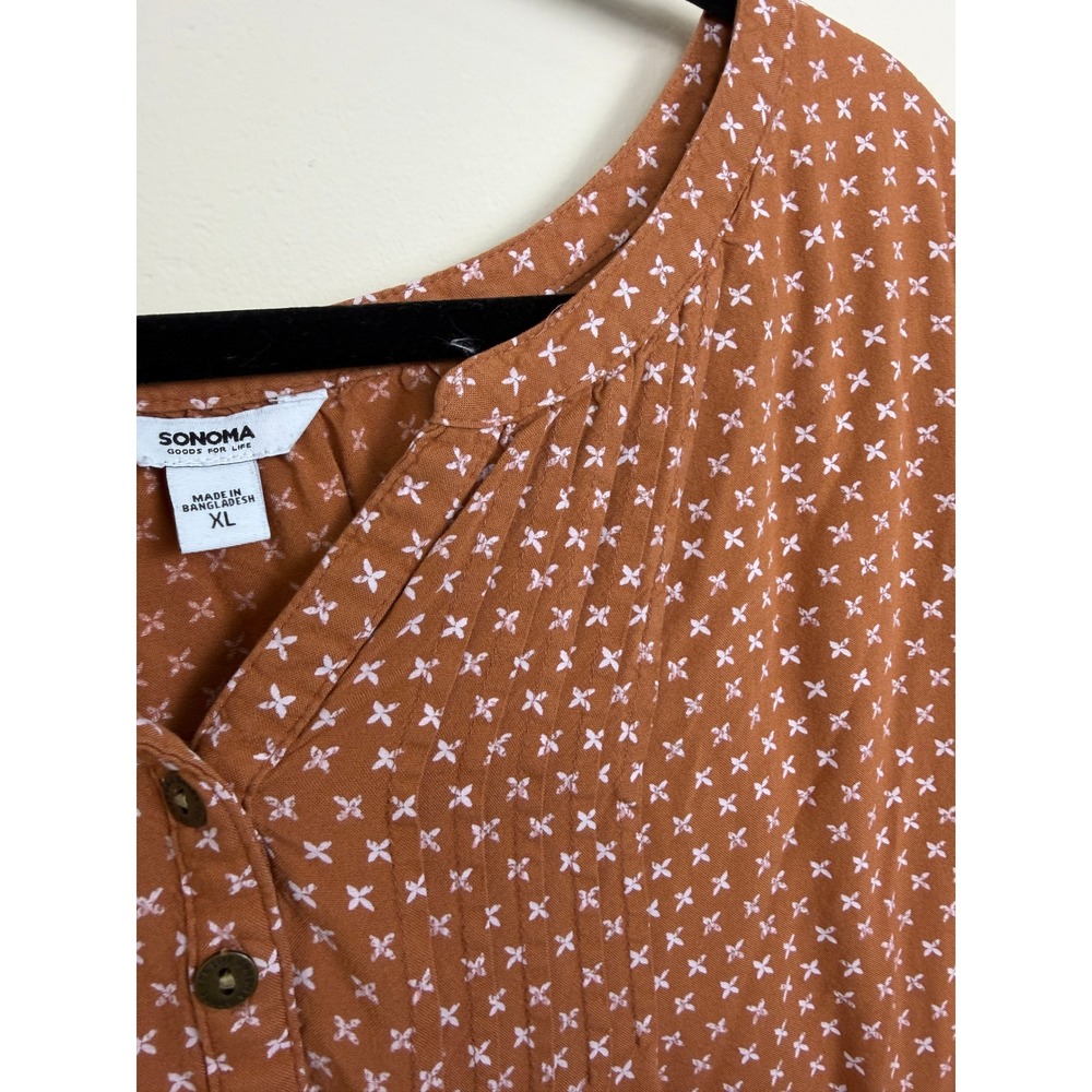 Rust Orange Print Pintuck Blouse XL Boho - Picture 5 of 7